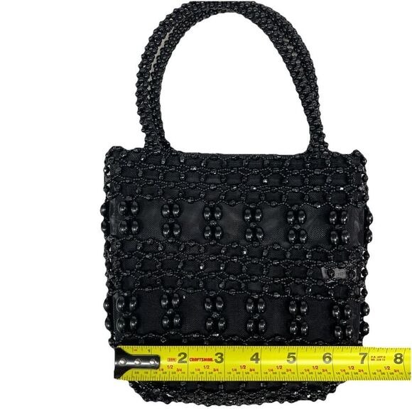 Sasha Black Beaded Handbag Purse Formal Evening Bag Two Handles Mesh Lined Zip - Picture 9 of 11